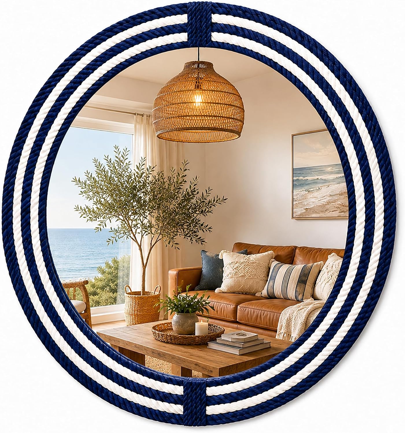 Navy Stripe Round Wall Mirrors