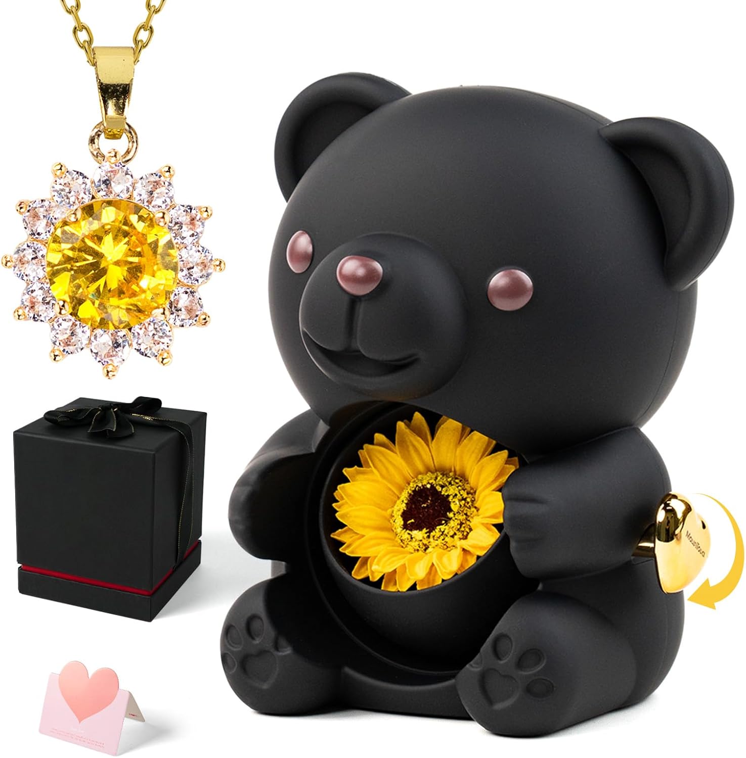 Gifts for Women Birthday Mothers Day, Lucky Sunflower Bear with Necklace & Gift Box for Mom Daughter Sister, Anniversary Wedding Gift for Wife Girlfriend, Surprise Jewelry Box, Black