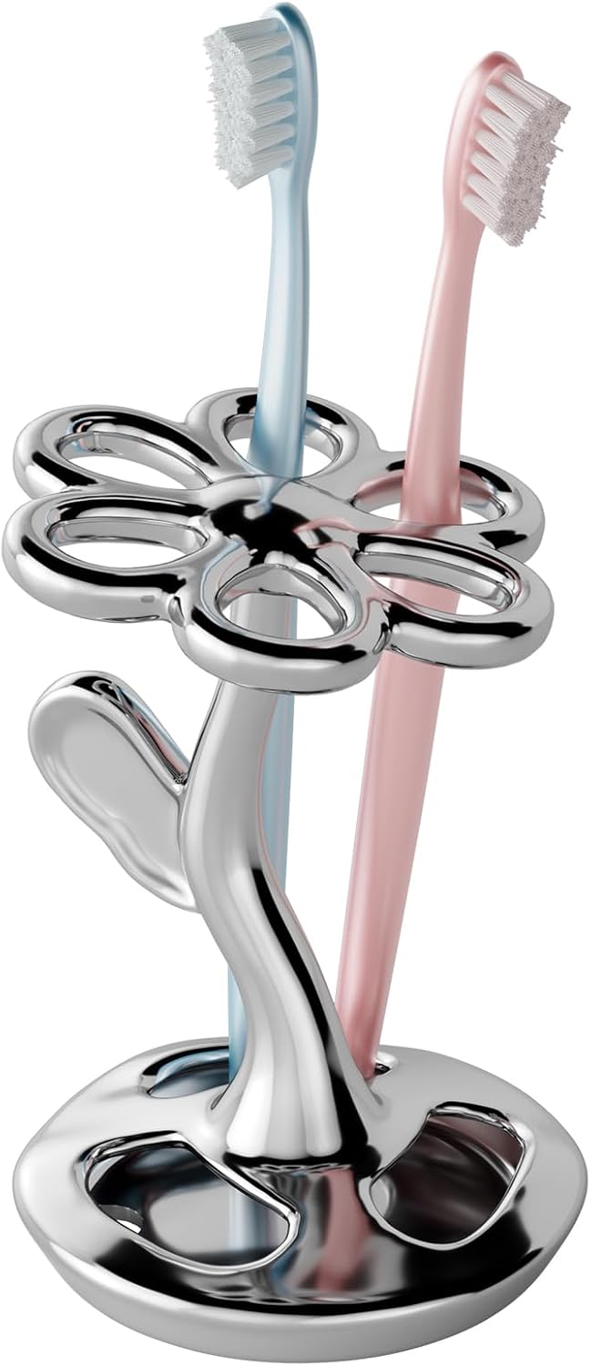 Ceramic Toothbrush Holder, Creative Flower-Shaped Toothbrush Stand for Bathroom, Multifunctional Storage for Toothbrushes & Makeup Brushes, Fits Handles < 0.47 Inches, 3 Colors (Silver)