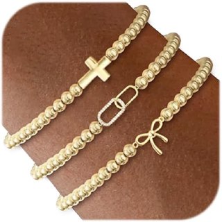 Gold Beaded Bracelets for Women 14K Gold Plated Stretch Ball Bracelet