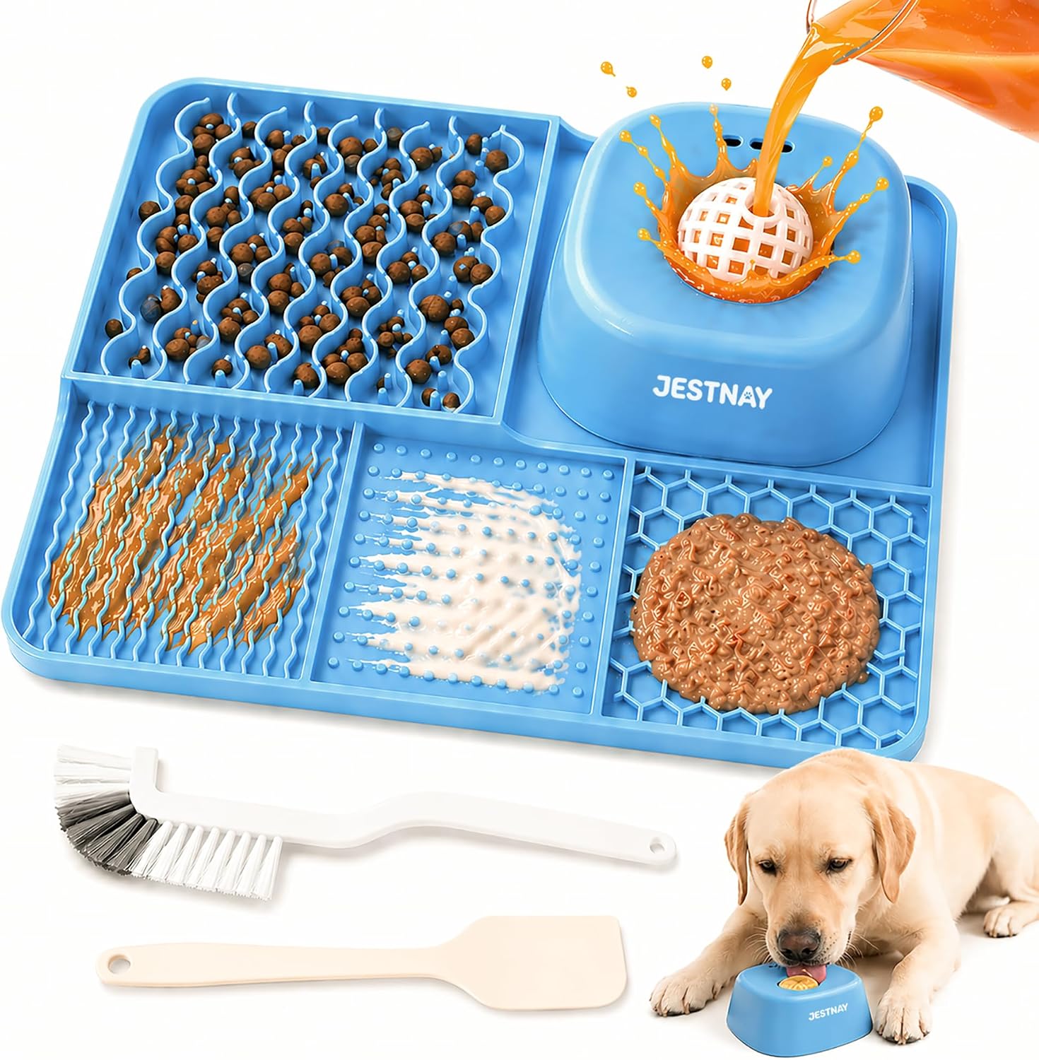 Dog Lick Mat & Slow Feeder Bowl Combo, Enrichment Toy with Puzzle Dome, 4-Texture Silicone Licking Mat for Anxiety Relief, Slow Feeding, Boredom Buster with Cleaning Brush & Silicone Spatula (Blue)
