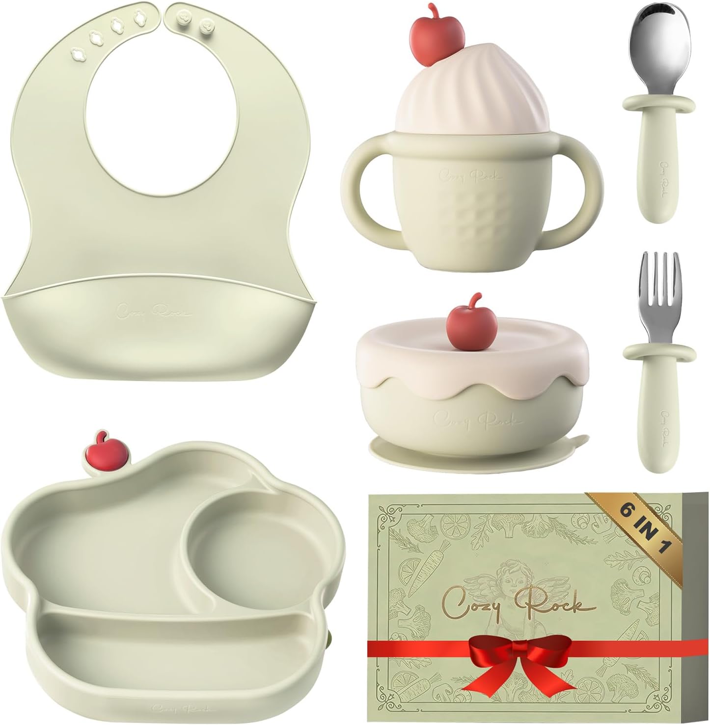 Silicone Baby Feeding Set, 6 Piece Baby Dinnerware COZY ROCK Silicone Baby Feeding Set, Gelato Collection Baby Led Weaning Supplies, First Self-Feeding Set with Silicone Suction Bowl & Plate, Straw