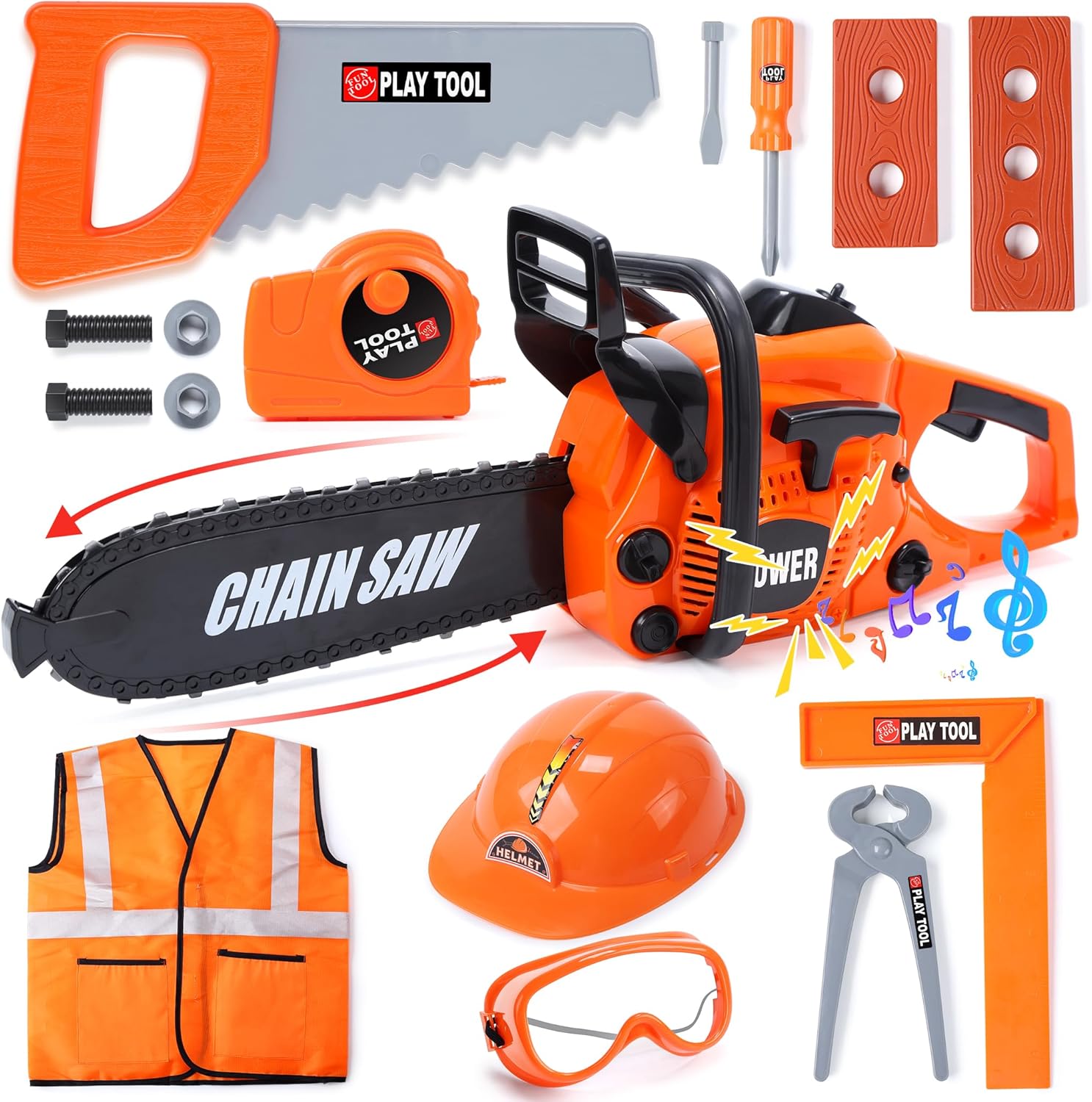 Chainsaw Toy for Kids, Pretend Play Tool Set with Safety Gear Ages 3+