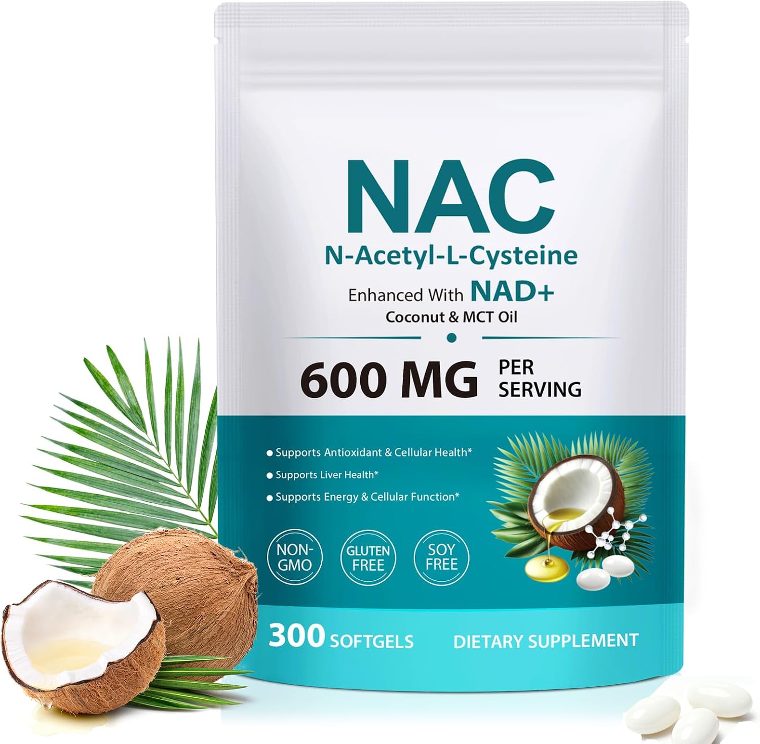 NAC Supplement 600mg, 300 Softgels NAC with NAD+ & MCT Oil N-Acetyl Cysteine Supplement with Coconut Oil, for Antioxidant Support, Non-GMO, Gluten Free