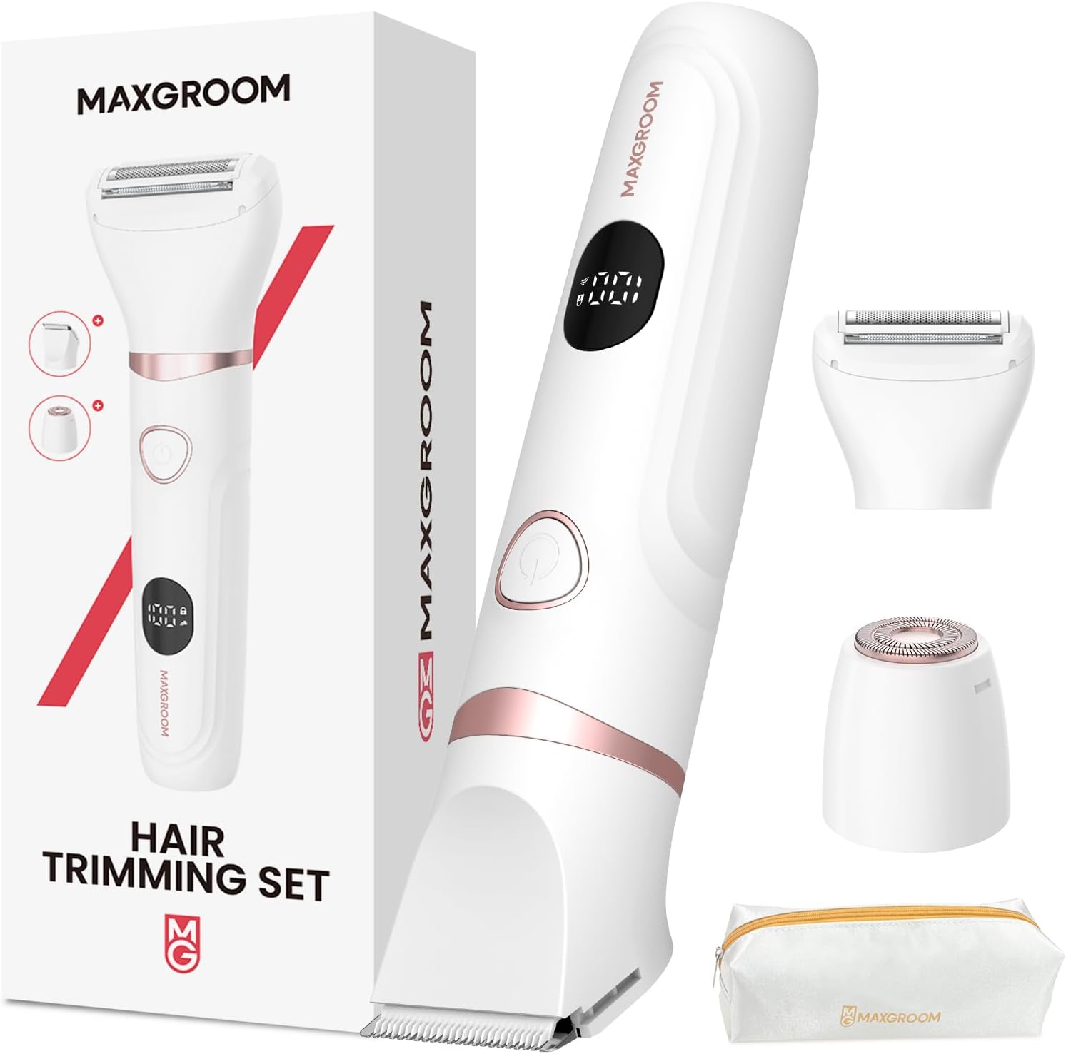 Bikini Trimmer for Women - MAXGROOM Waterproof Electric Razors for Women, Cordless Electric Shaver for Private Area with LED Display, USB Rechargeable & Travel Pouch, White
