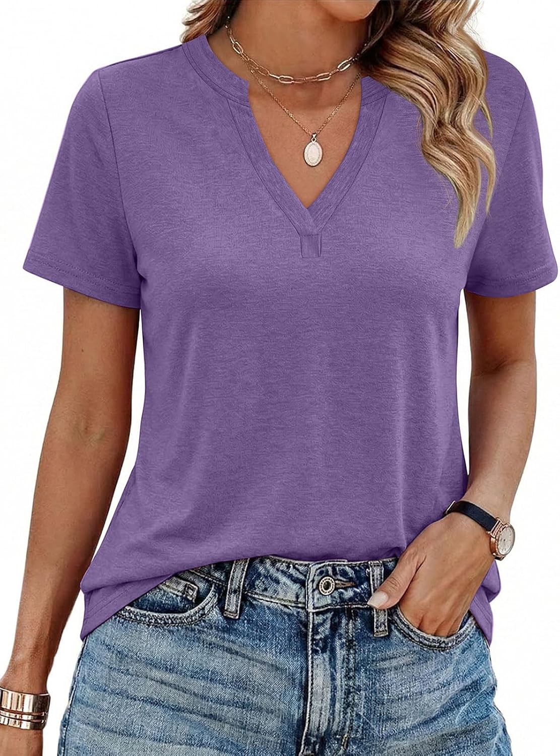 Womens V Neck Summer Tops Short Sleeve Tops Casual Loose Fit T Shirts Trendy Tees Fashion Clothing 2026