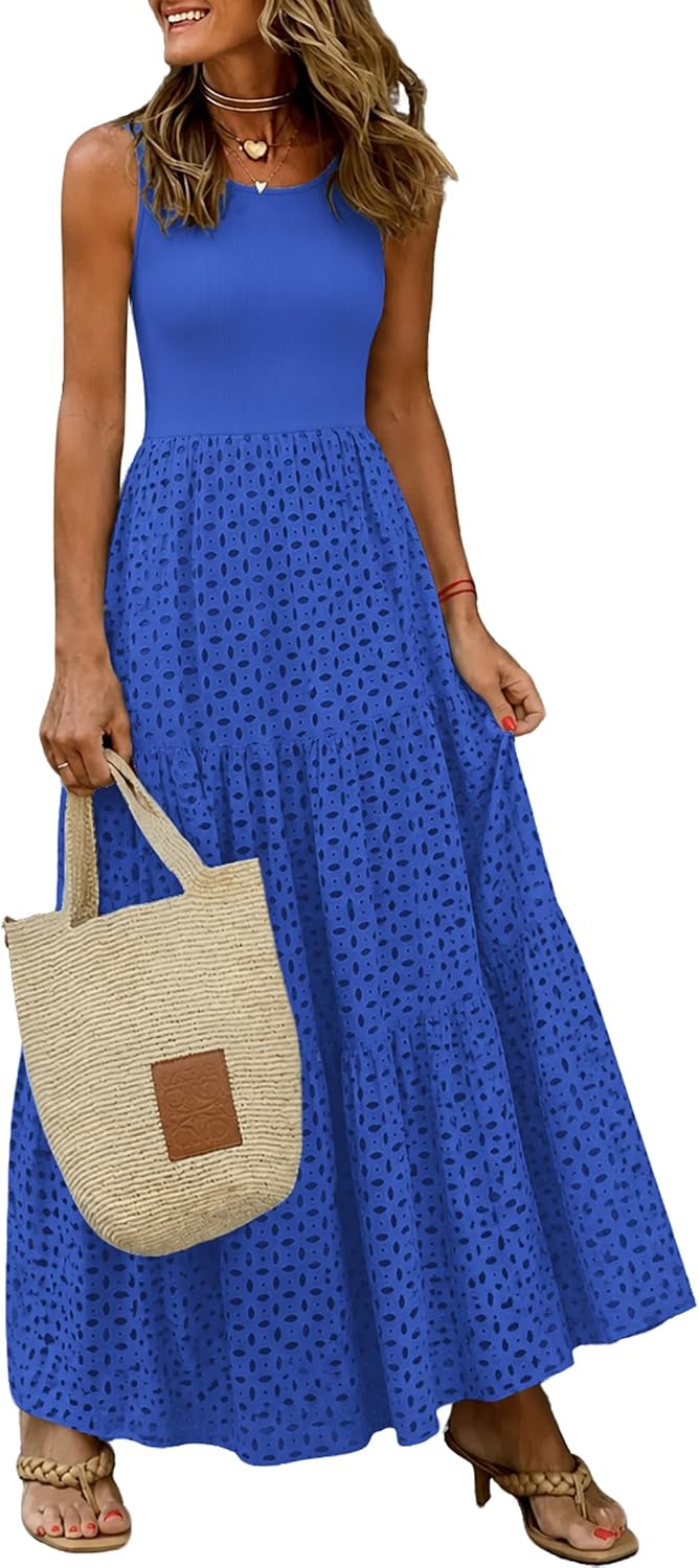 Lazysmile Women's Summer Sleeveless Eyelet Tiered A-Line Maxi Dress