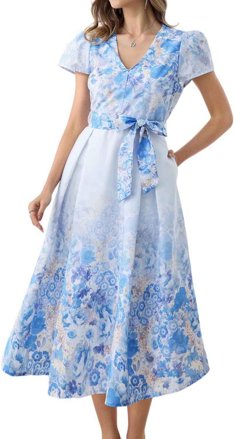 Women's Flutter Puffed Short Sleeves V Neck Belts Print Palace Evening Renaissance Costumes Parties Pockets Dress