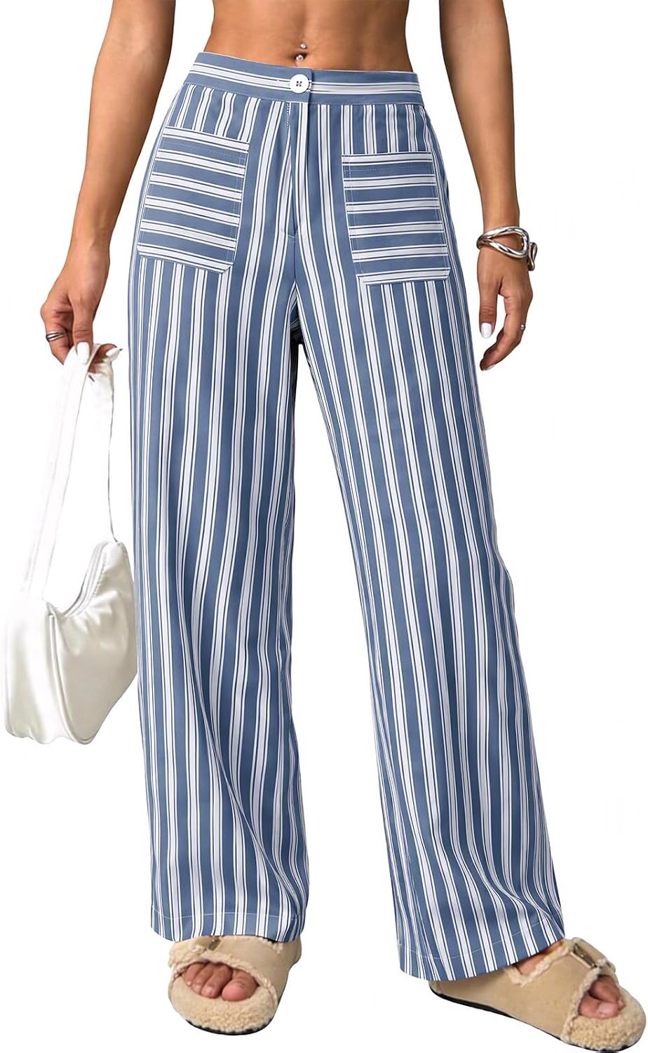 EXLURA Women Wide Leg Lounge Pants Striped Faux Linen Palazzo Trousers
