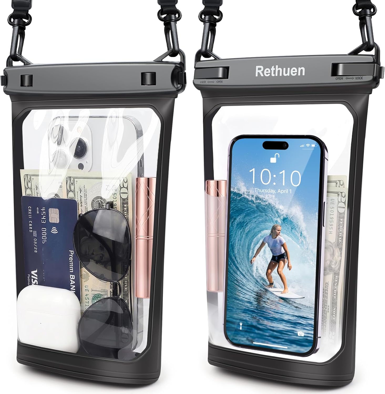 Large Waterproof Phone Pouch, 2Pack Floating Waterproof Bag for iPhone 17 16 15 Pro Max Galaxy S26 S25 S24 Ultra All Phones, Cell Phone Dry Bag for Beach Swimming Rafting Boating (Black + Black)