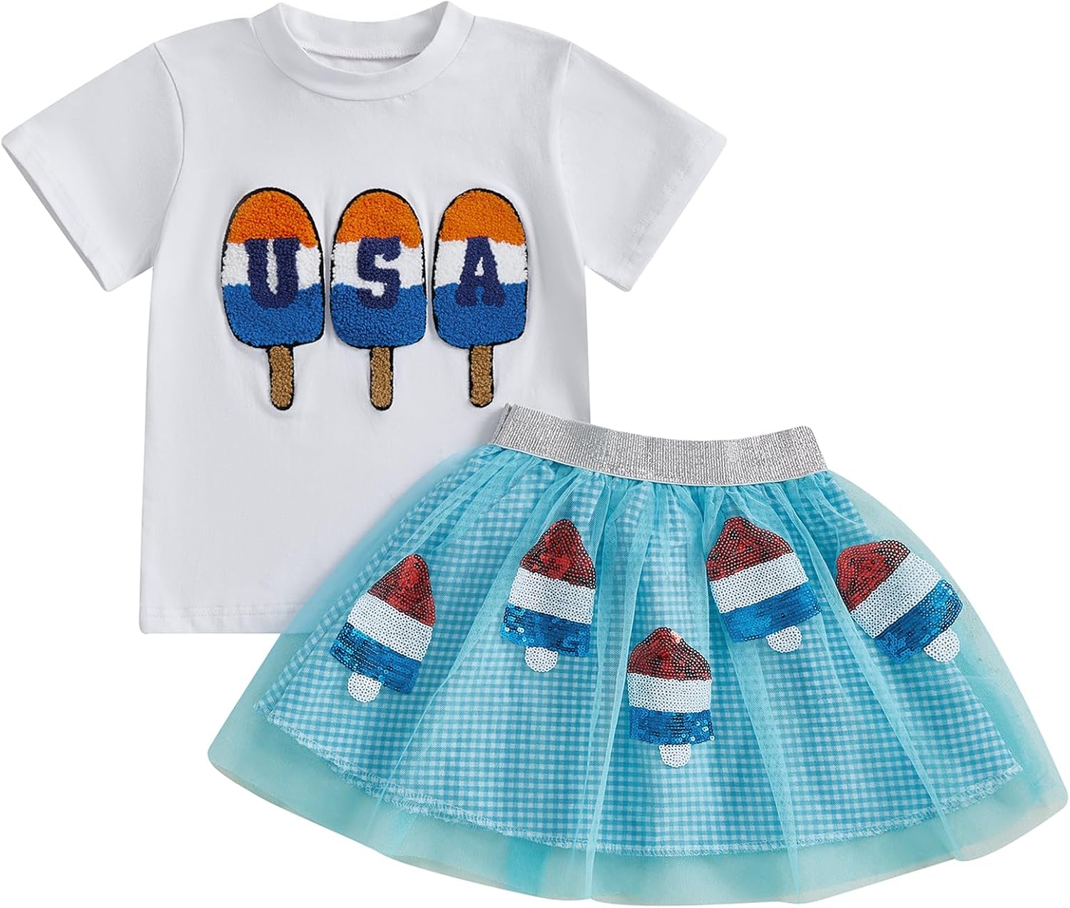 Kayotuas 4th of July Toddler Girl Outfit USA Popsicle T-shirt Blue Plaid Tulle Skirt Set Little Girls Fourth of July Dress