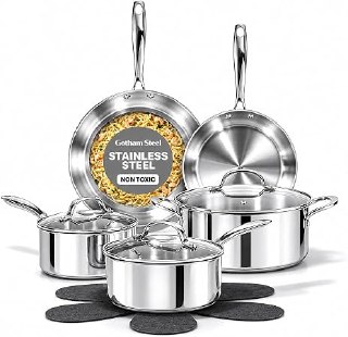 Gotham Steel 10 Pcs Tri Ply Stainless Steel Cookware Set, Pots and Pans Set with Induction Bottom, Made Without PTFE PFOA PFOS, Metal Utensil Safe, Oven and Dishwasher Safe