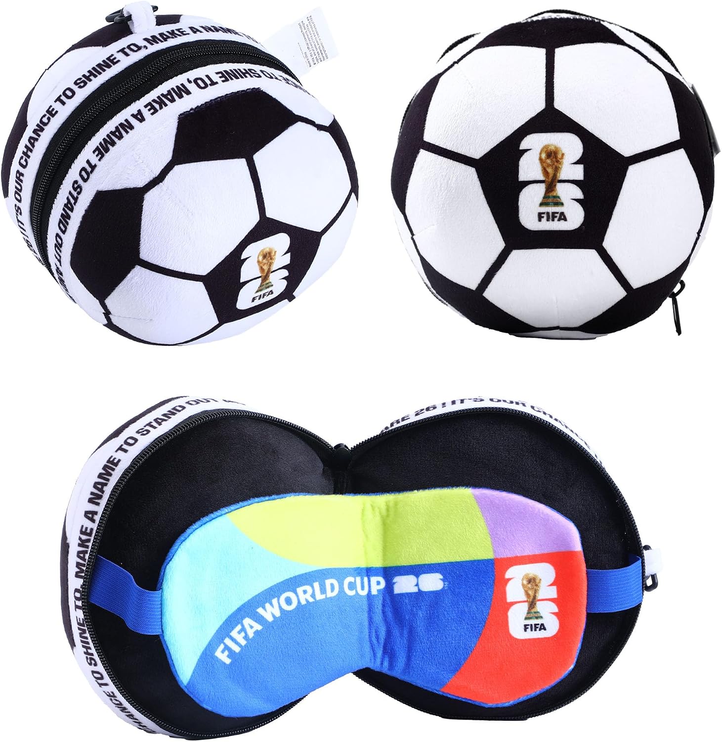 MESUCA FIFA World Cup 2026 Travel Pillow with Eye Mask, Soccer Ball Design Toy Plush 2-in-1 Neck Pillow, Ideal for Car, Airplane, Train Journeys, Kids Gift, FIFA World Cup 2026 Merchandise