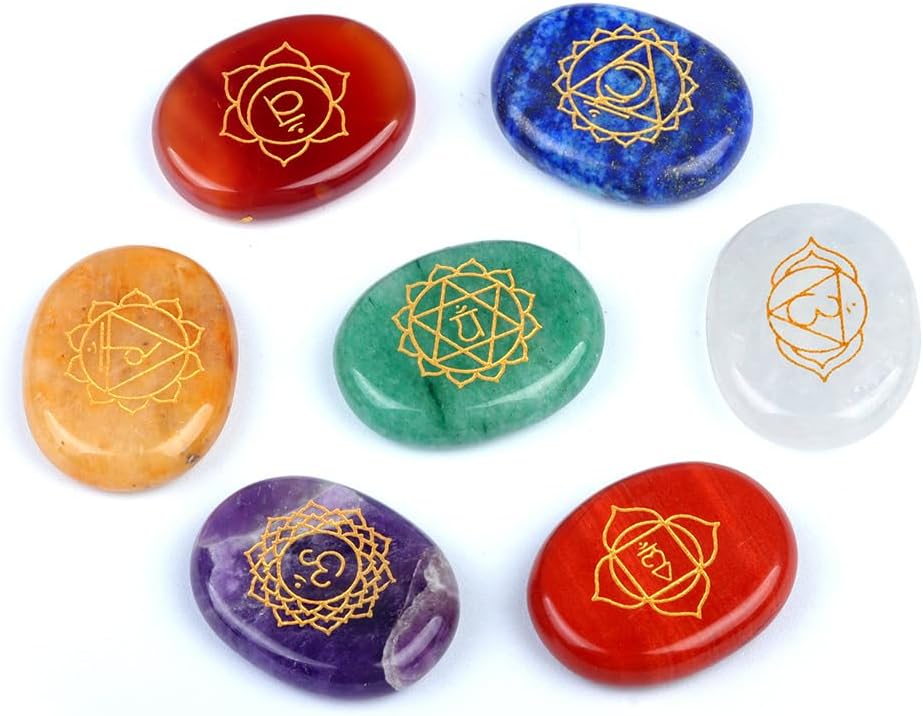 Chakra Crystal Stones Set, Engraved Chakra Symbols Palm Stones, Natural Gemstones Thumb Worry Stone Kit for Yoga Meditation, Chakra Balancing, Gift-7Pcs