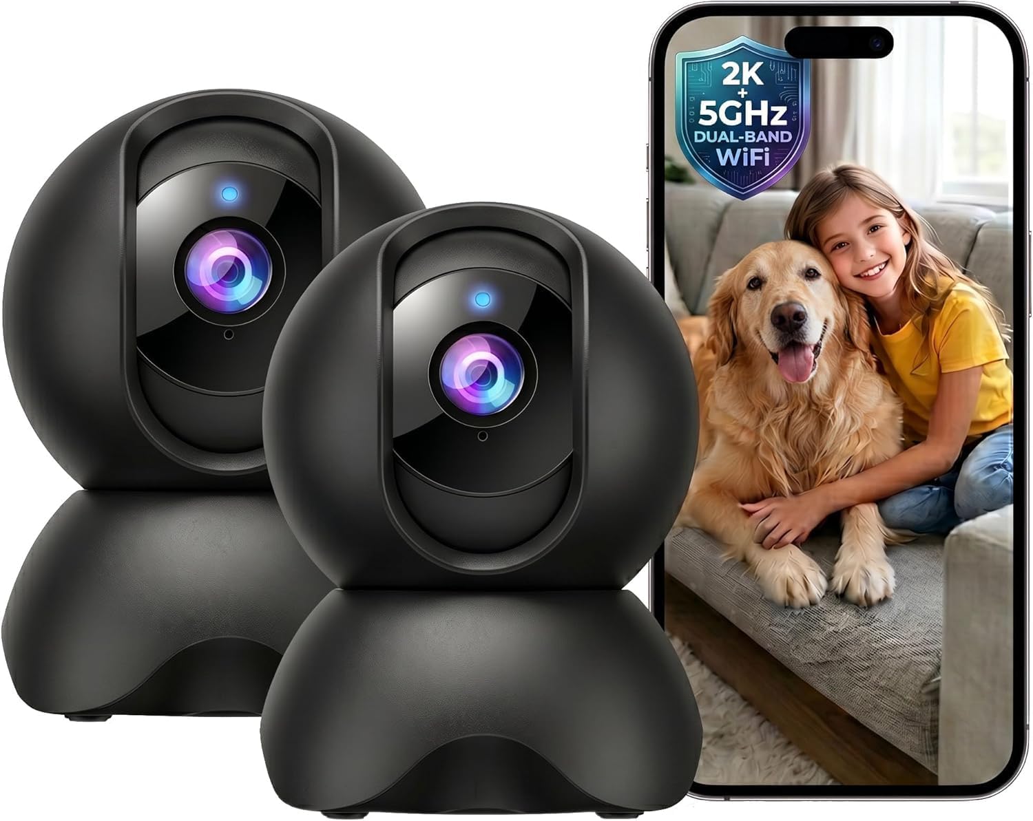 YYSY 2K 5G Indoor Security Camera, No Subscription AI Baby Monitor with Phone App & Crying Detection, 360 Pan-Tilt WiFi Pet Camera, 2-Way Audio, Auto-Tracking, 24/7 SD Storage (2-Pack)