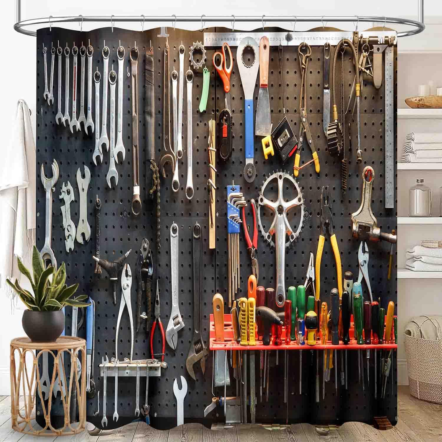 Man Cave Shower Curtain, Retro Rustic Garage Tools Shed Workshop Car Repair Fixing Equipment Vintage for Boys Men Teen Waterproof Fabric Bathroom Shower Curtain Set with Hooks, 72"x72" Inch