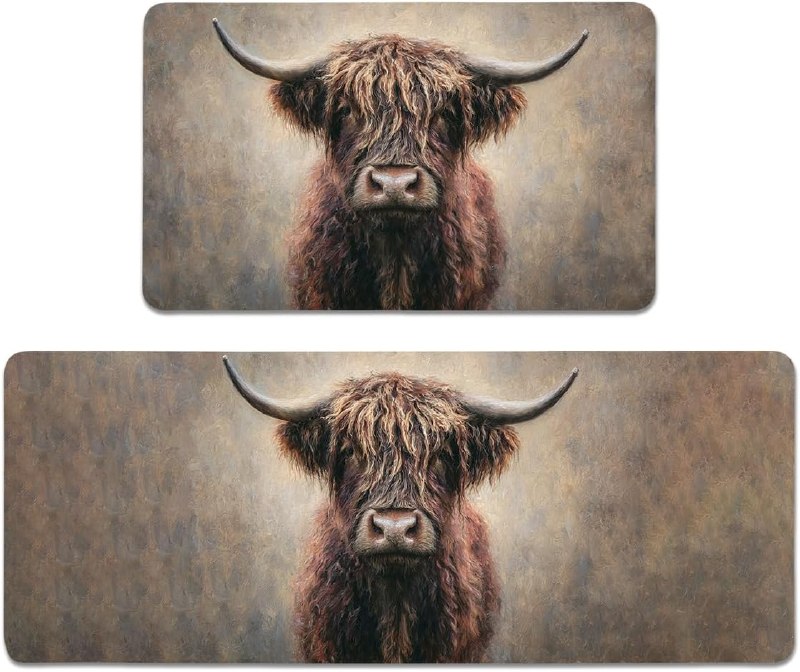 Highland Cow Sunflower Kitchen Rugs, Farmhouse Cotton Blend Linen Non Slip Washable Comfortable Durable Mats for Home Office Bedroom Bathroom Laundry, Rustic Design (Cow C)