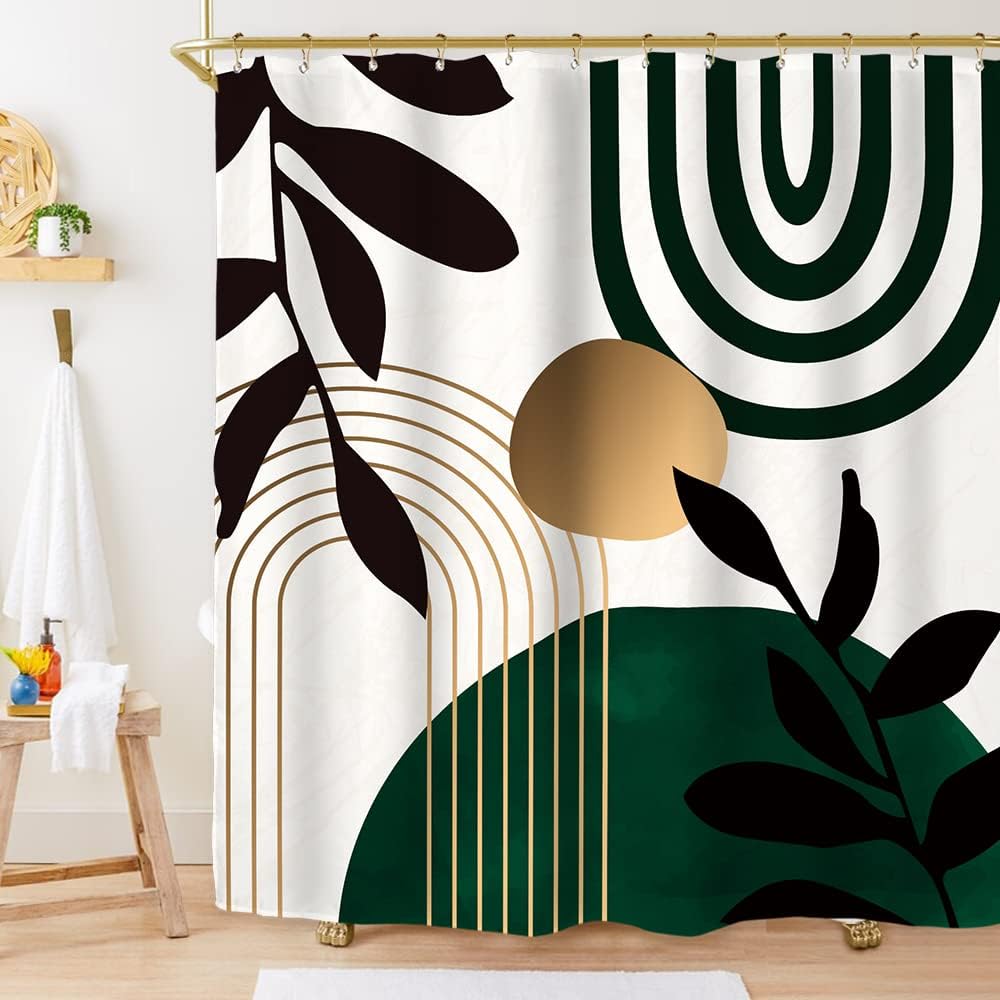Miyotaa Emerald Green Abstract Shower Curtain Set 60Wx71H Inches Modern Mid Century Sun Leaves Plant Aesthetic Neutral Simple Geometric Polyester Waterproof Cloth Bathroom Curtain with 12 Hooks