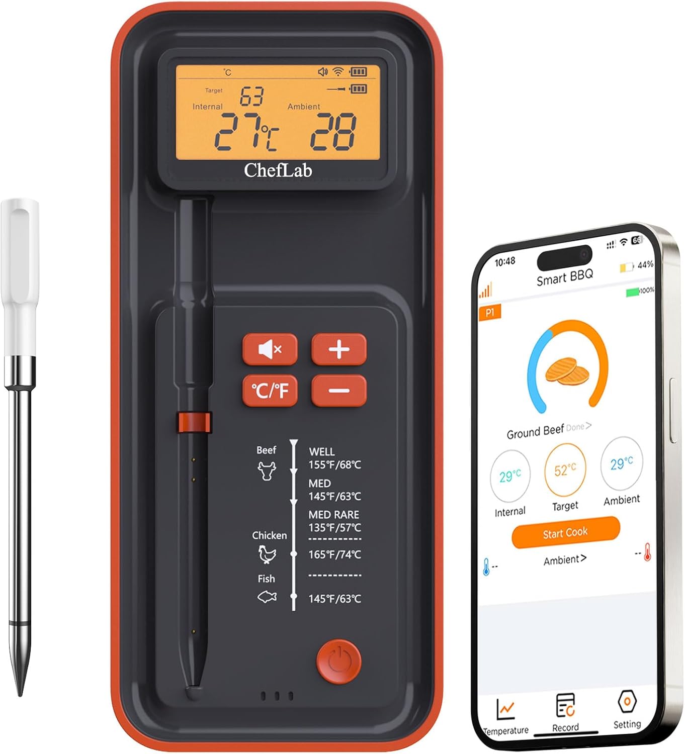 Smart Bluetooth Remote Wireless Meat Probe Thermometer for Grilling, Oven