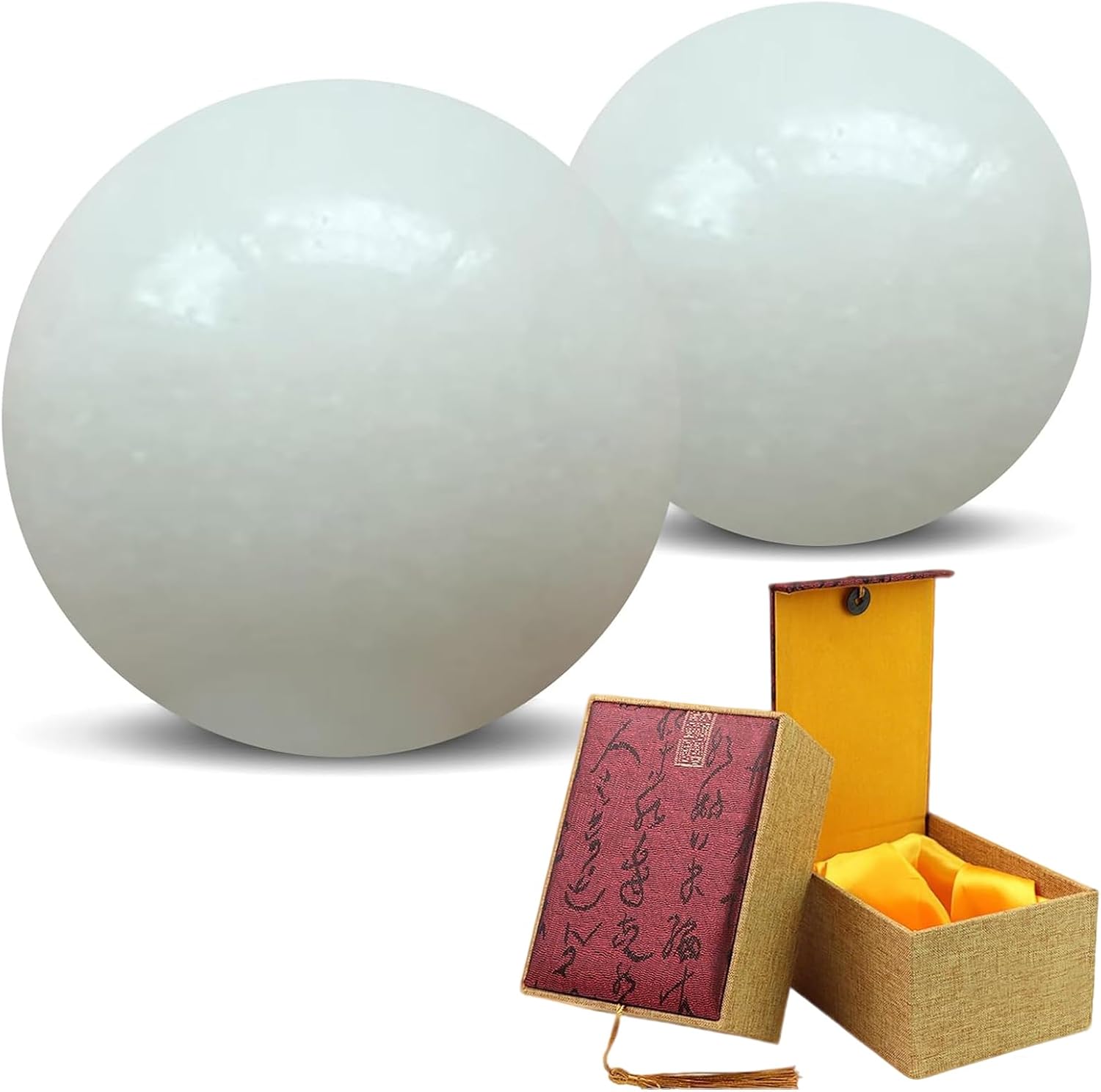 Natural Marble Baoding Chinese Meditation Balls, Stress Relief Hand Exercise Therapy Set with a Retro Style Tassel Boxes for Gift, 2-Piece Set,White Medium-1.57"