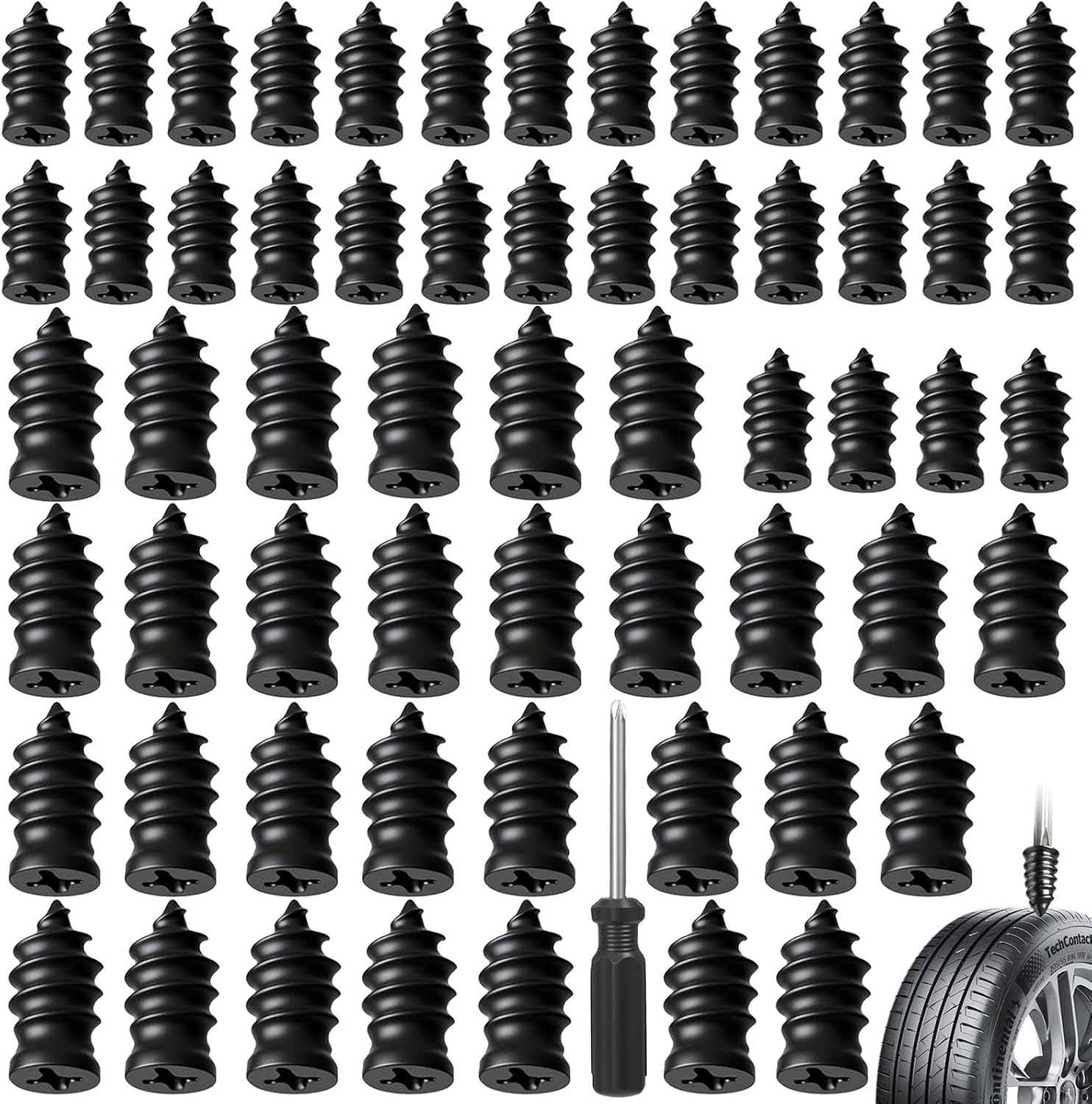 60pcs Tire Repair Rubber Nail Kit, Tire Repair Screws Spiral Rubber with 2 Sizes, for Car Motorcycle Truck Tractor Self Sealing Rubbers Flat Vacuum Screw