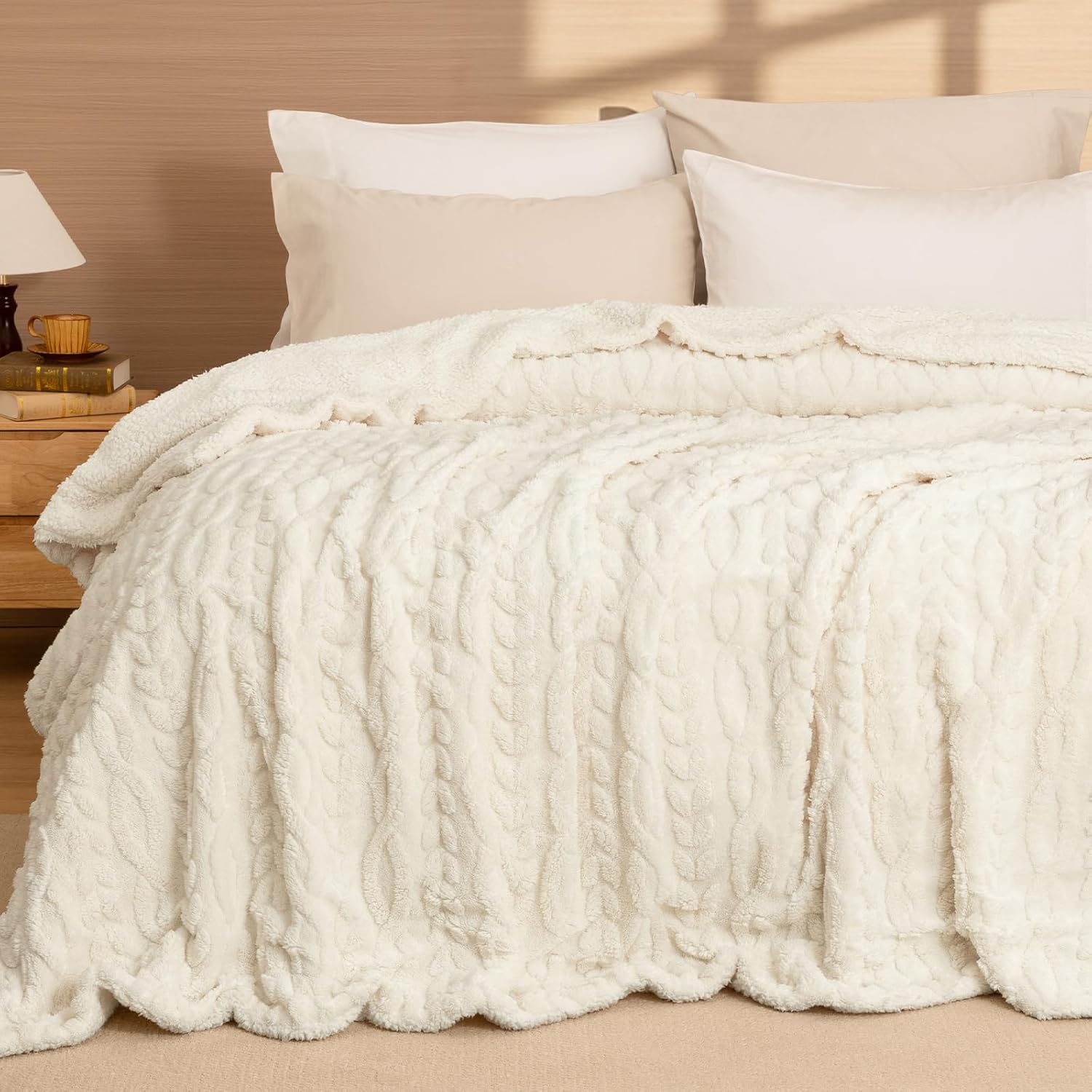 PHF Fluffy Sherpa Blanket King Size for Winter, Warm and Soft, 510GSM 3D Jacquard Thick Shaggy Fleece Plush Blanket for Sofa Bed, Cream, 108"x90"