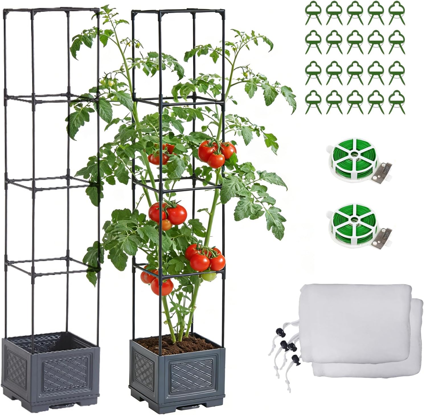55 Inch Raised Garden Bed with Trellis, Self-Watering Tomato Planter Box with Hidden Rolling Wheels, Vertical Plant Support Cage for Climbing Vegetables Tomatoes Vines Flowers Indoor Outdoor 2 Pack