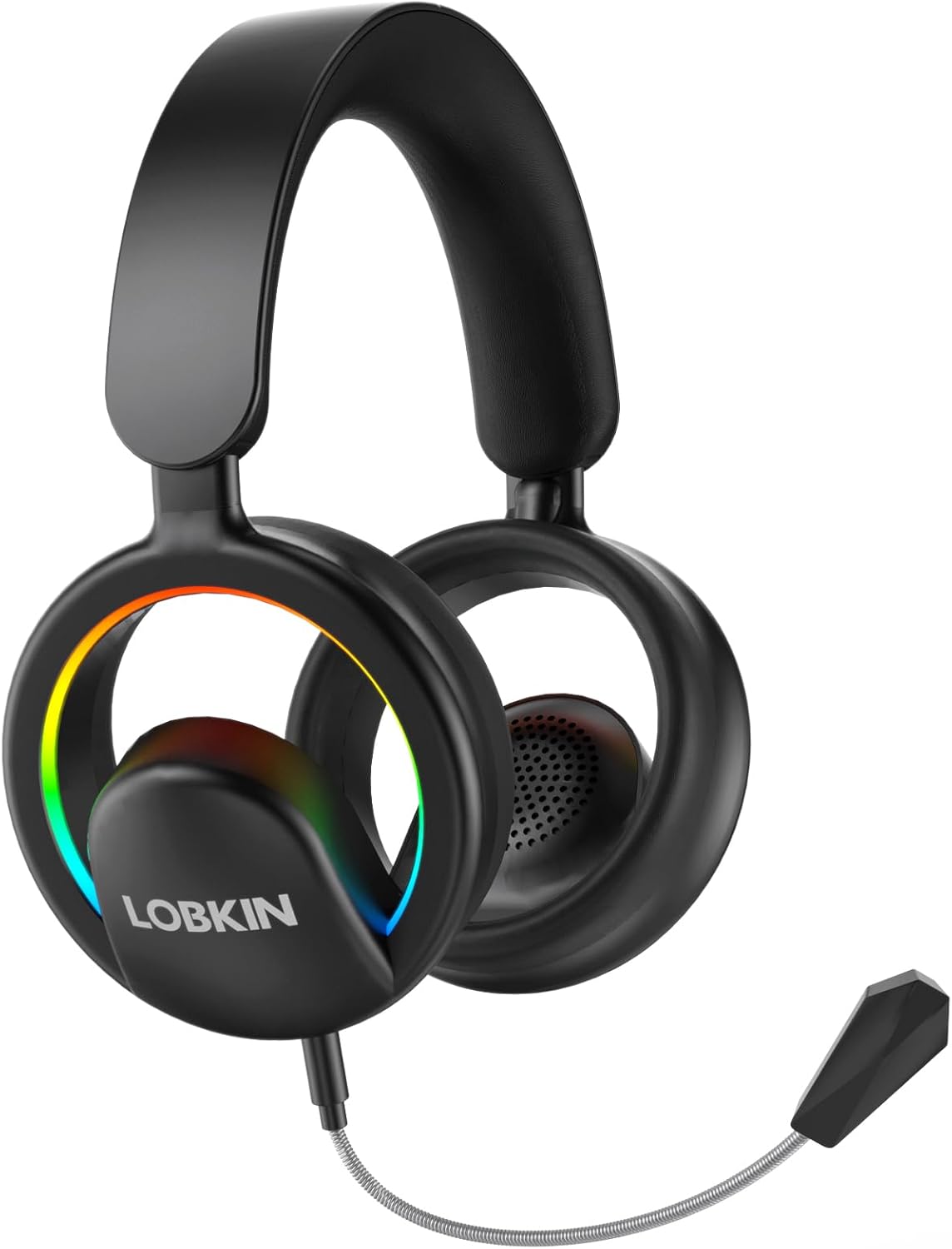 LOBKIN Open Ear Headphones, Bluetooth 6.0 Wireless Headset with Detachable Mic, Adjustable RGB Lights, Voice Assistant Comfortable Breathable Safe Lightweight Over Ear Headphones for Working Gaming