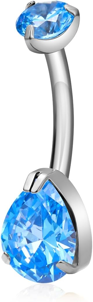Gold Belly Button Ring G23 Titanium Hypoallergenic 14G belly ring for Women Men Teardrop Navel Piercing Jewelry 10mm Barbell, With 5A Grade Cubic Zircon (Silver-Blue CZ)