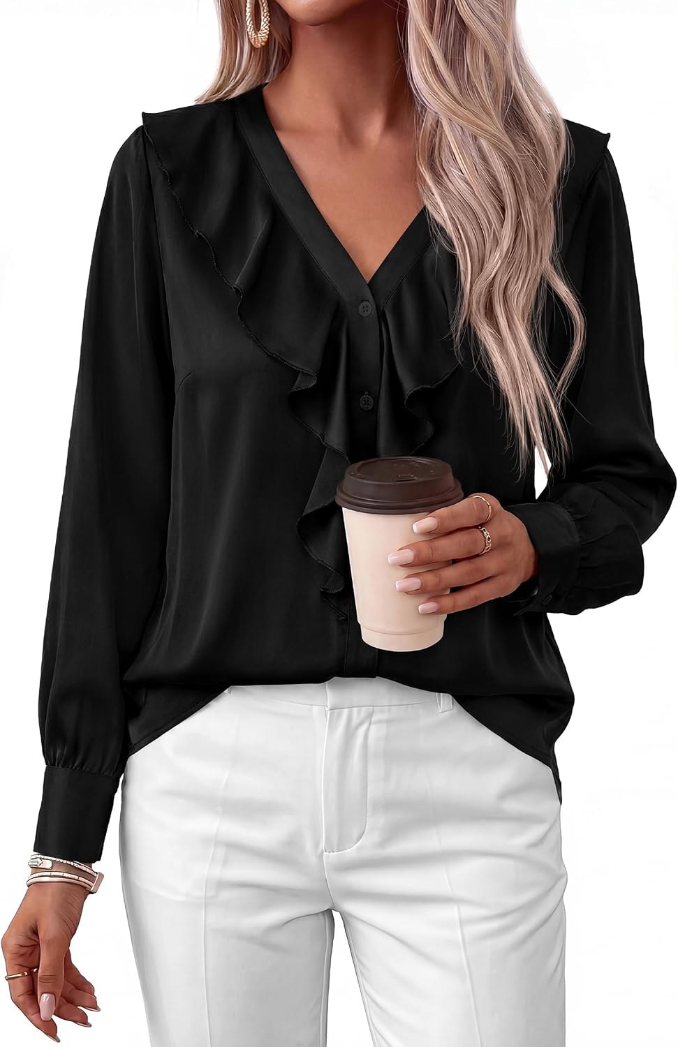 dowerme Satin Ruffle Button Shirts