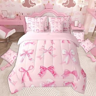 PR!CE DROP ( ) jejeloiu Pink Bow Bow 7 Pieces Bedding Set Full Size Girls Teens Kids