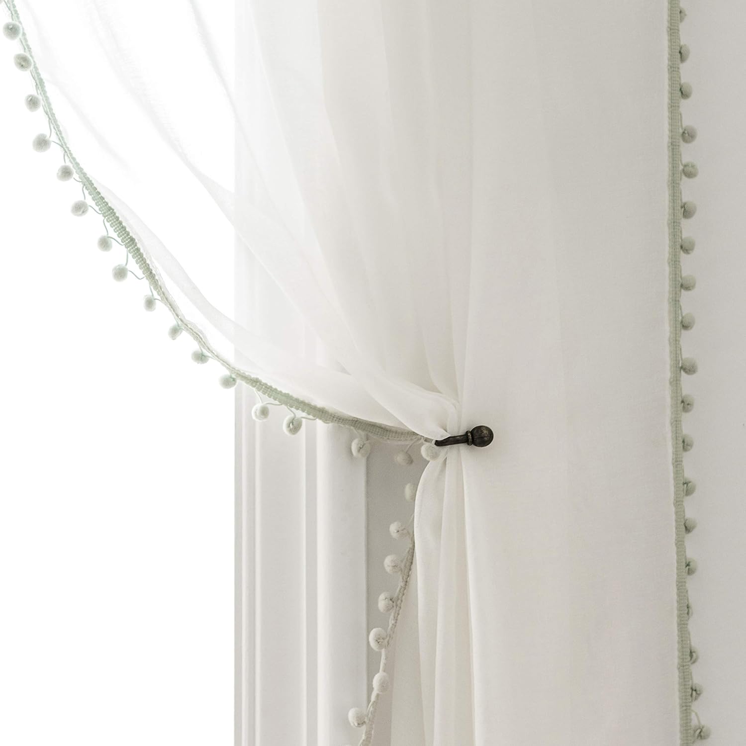 MISS SELECTEX Pom Pom Tasseled Sheer Curtains