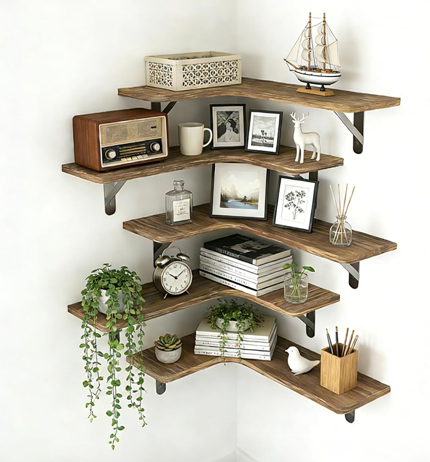 ZOESEEK Corner Floating Shelves, Set of 5 L-Shape Wood Wall Mounted Shelves for Bathroom Kitchen Bedroom Living Room Laundry Room Home Decor, Wood Corner Shelves Rustic Brown