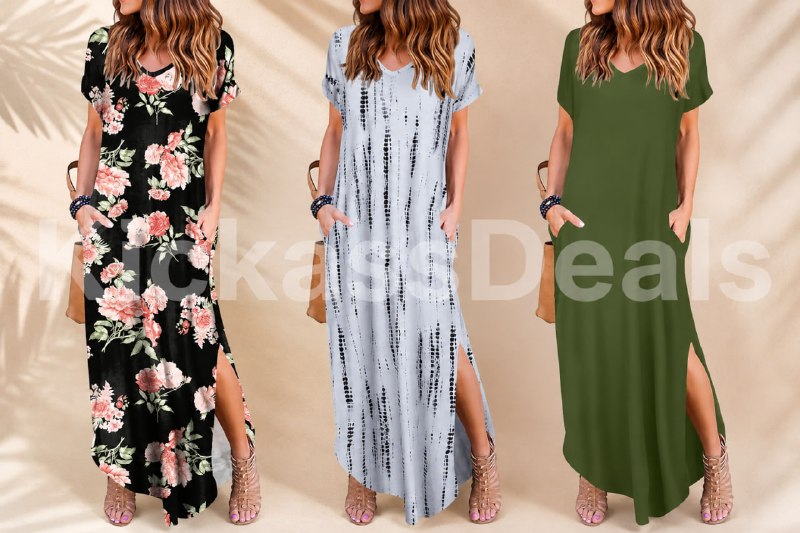 PR!CE DROP ( ) Arolina Women Summer Maxi Dress Short Sleeve V Neck Casual Loose Long Split Dresses Beach Vacation Sundress with Pockets