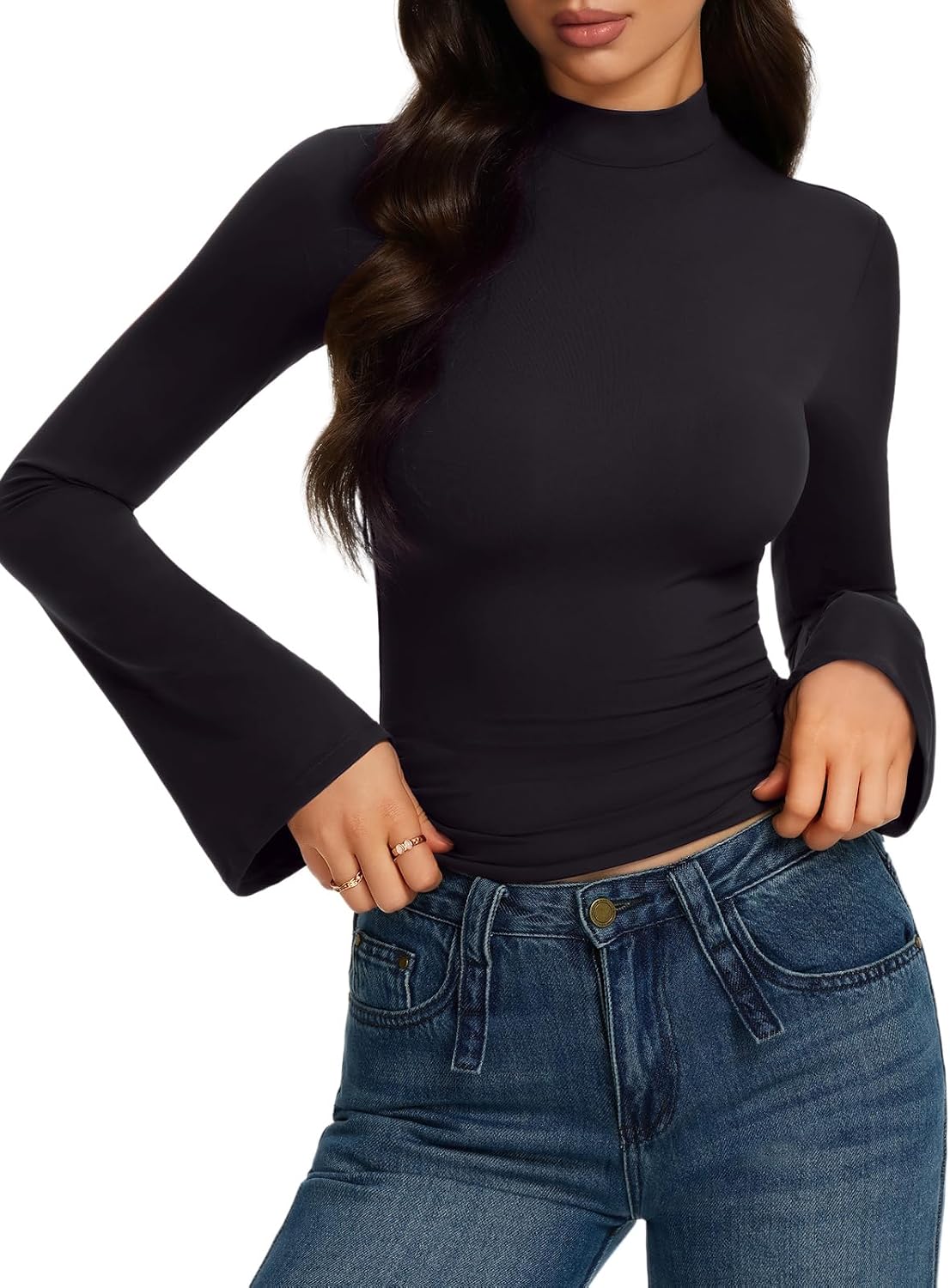 REORIA Mock Neck Bell Sleeve Tops