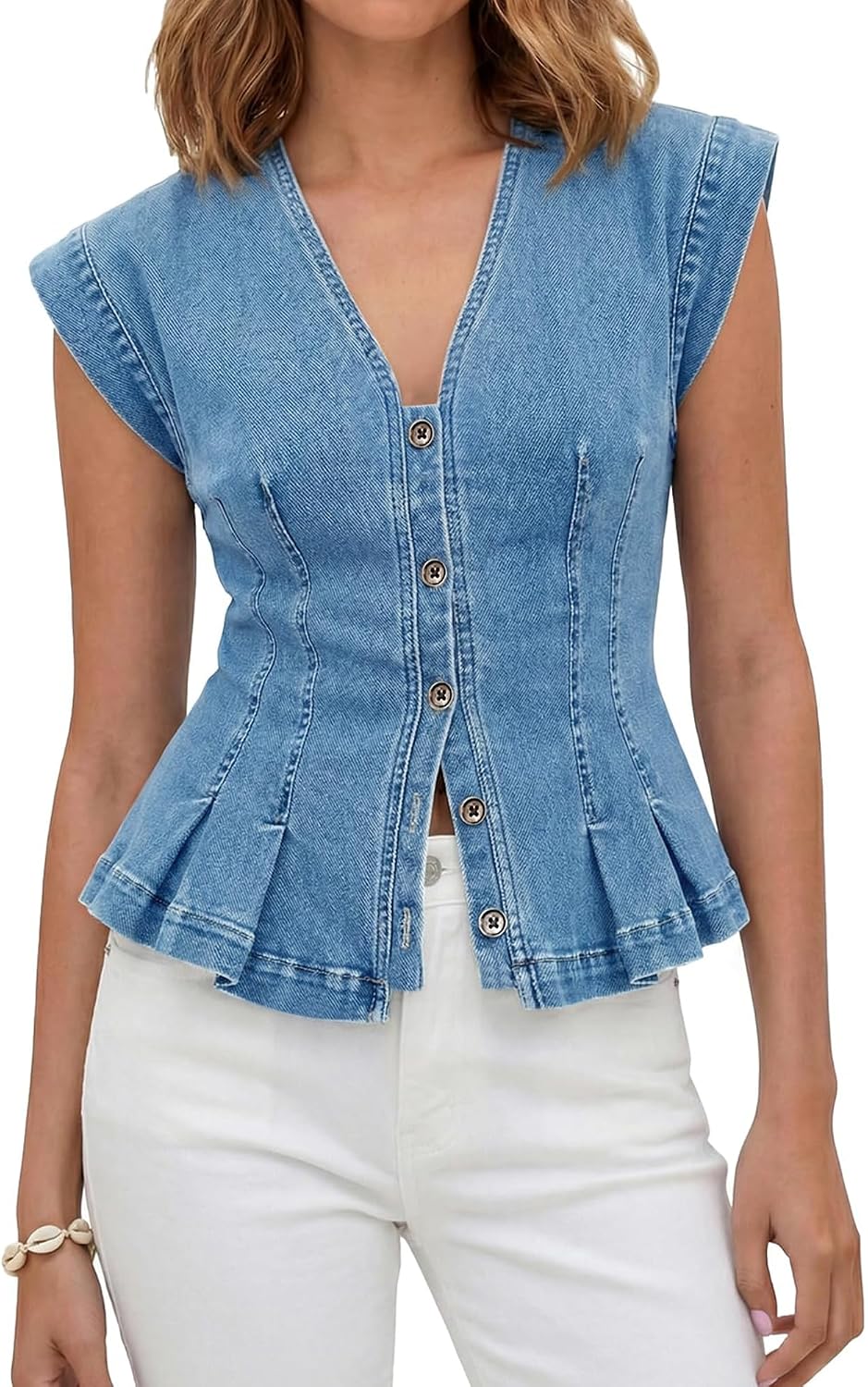 Women's Sleeveless Denim Vest Button Down Shirt V Neck Slim Fit Peplum Top Casual Western Denim Blouse for Summer
