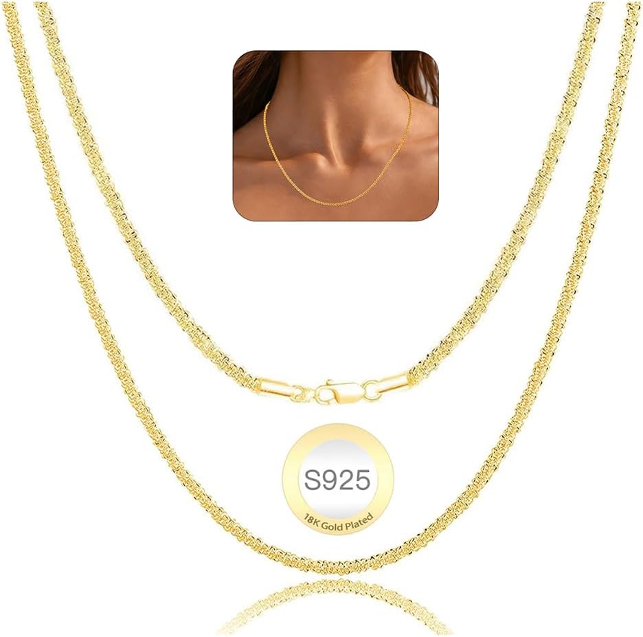 DAOYALE 18k Gold Plated Chain Necklace for Women,2mm Diamond Chains Sterling Silver Chain for Women Dainty & Sturdy Women's Chains Necklace Ideal Choice for Pendant Jewelry Gifts 20Inches