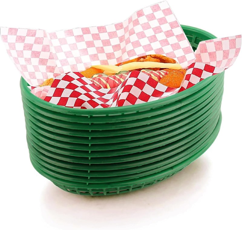 PR!CE DROP ( ) Retro Style Fast Food Basket (12Pk) and Checkered Deli Liner (100 Pk) Combo. Fast Food Basket Are Dishwasher Safe. Disposable Deli Paper Squares for Easy Cleanup (Green)