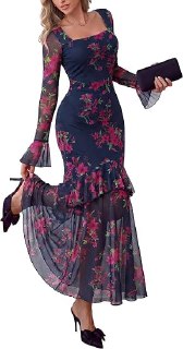 Women Floral Long Sleeve Dress A Line Mesh Fall Maxi Dresses