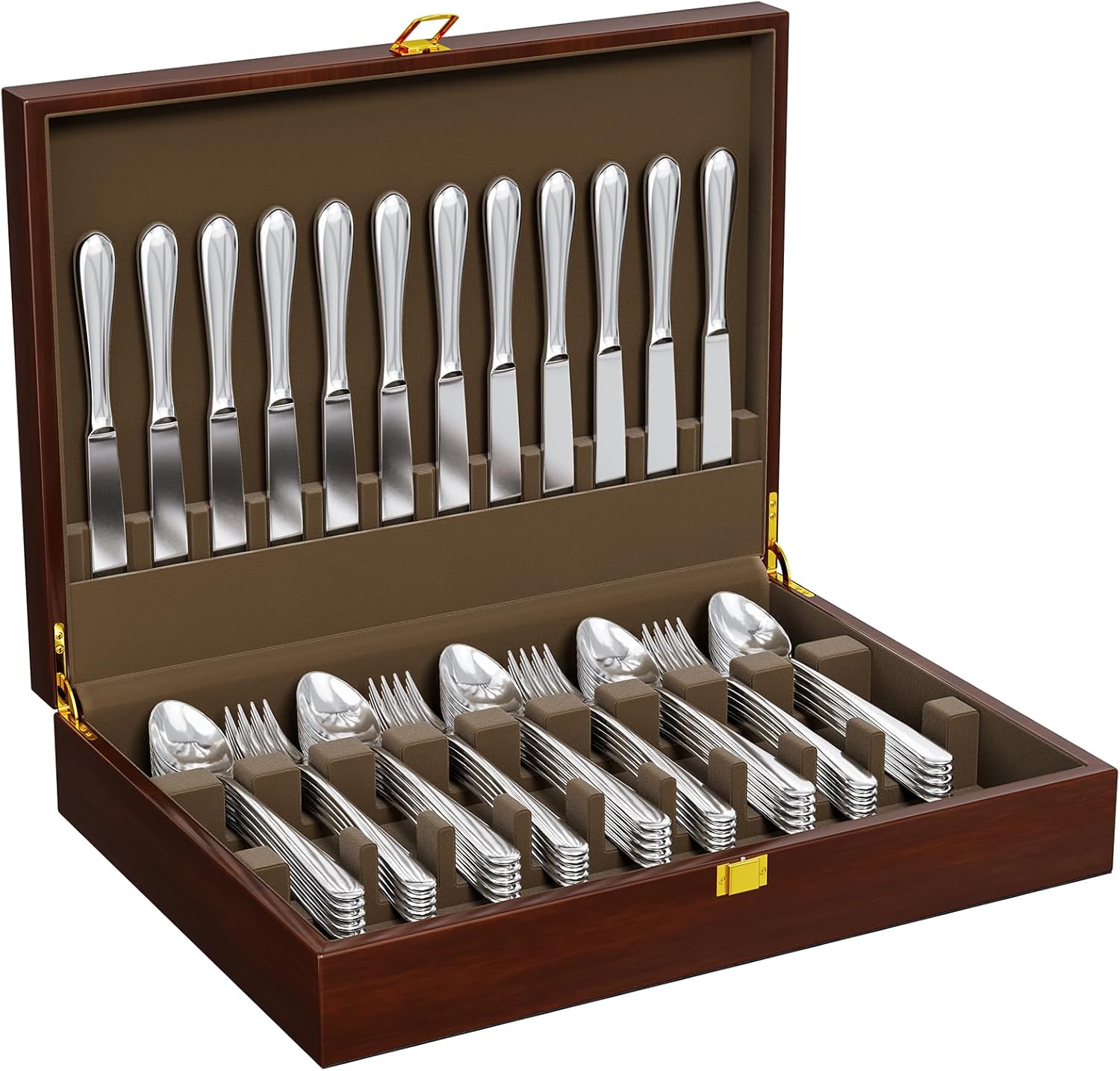 Walnut Wood Silverware Storage Box,Silverware Case Flatware Chest with Felt Lined,Flatware Storage Box for 12 sets of Utensils,Silverware Chest without Silverware,Silverware Organizer with Lid