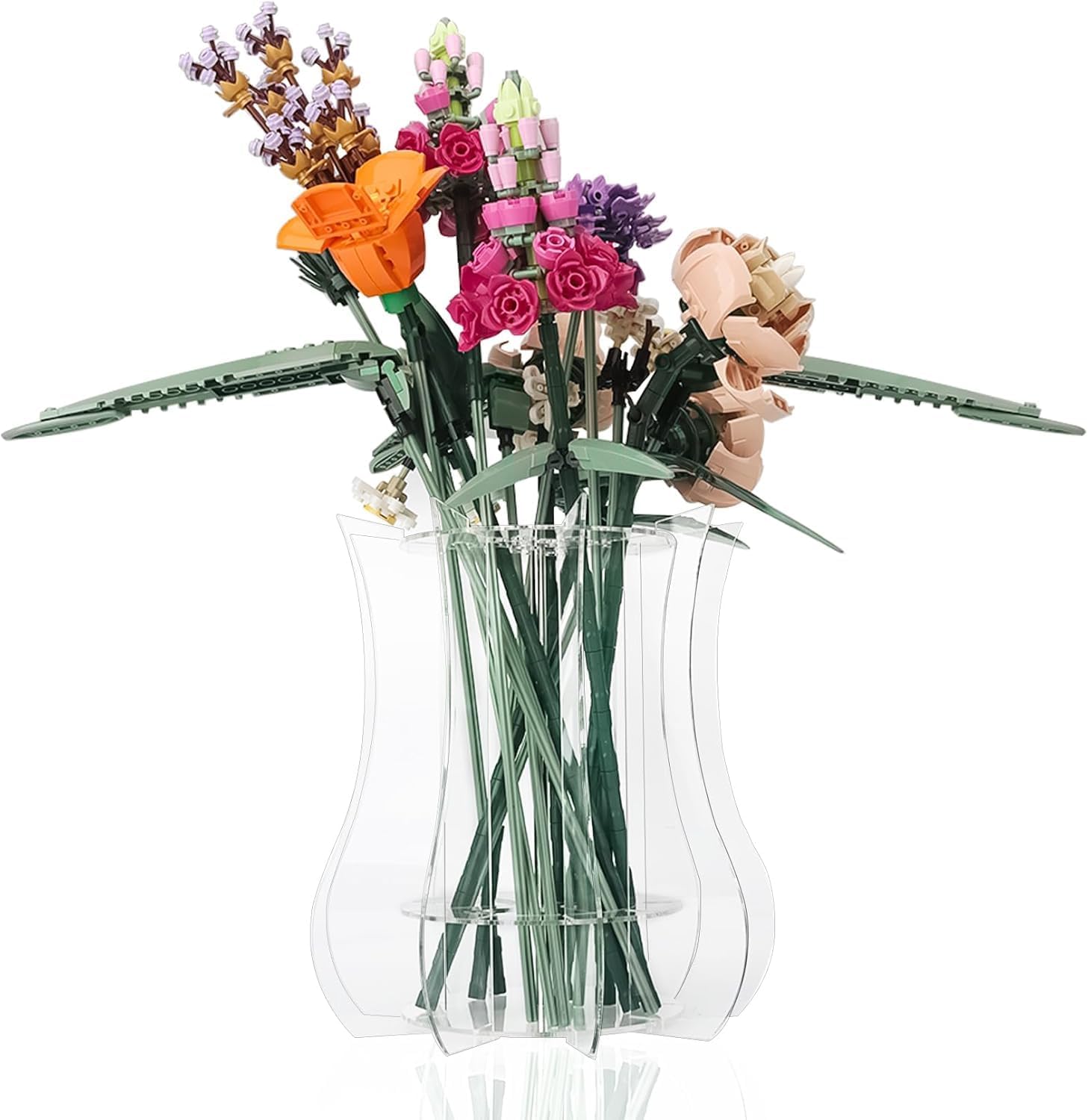 Vase Holder fit for Lego Flowers Bouquet - Acrylic Puzzle Vase fit for Lego Botanical Collection Building, Adult Gift Display Stand for Roses Orchid Sunflower (Clear)