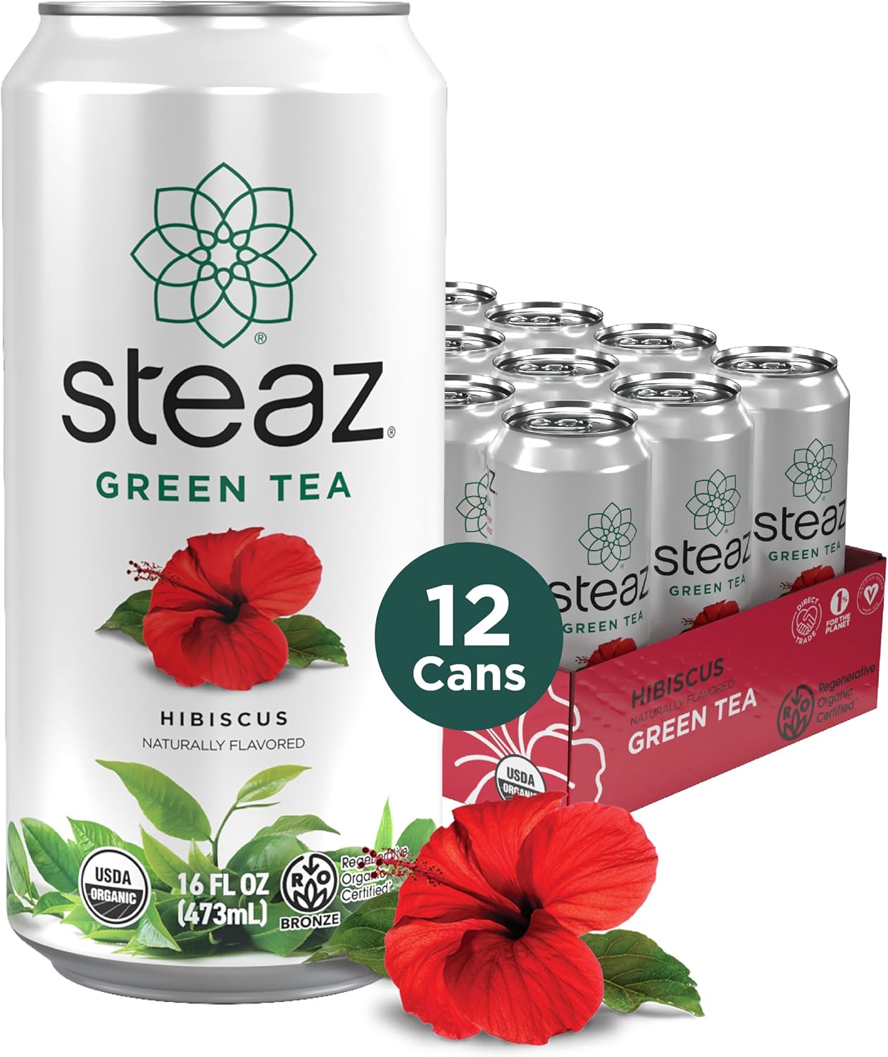 Steaz Organic Green Tea Hibiscus Cans