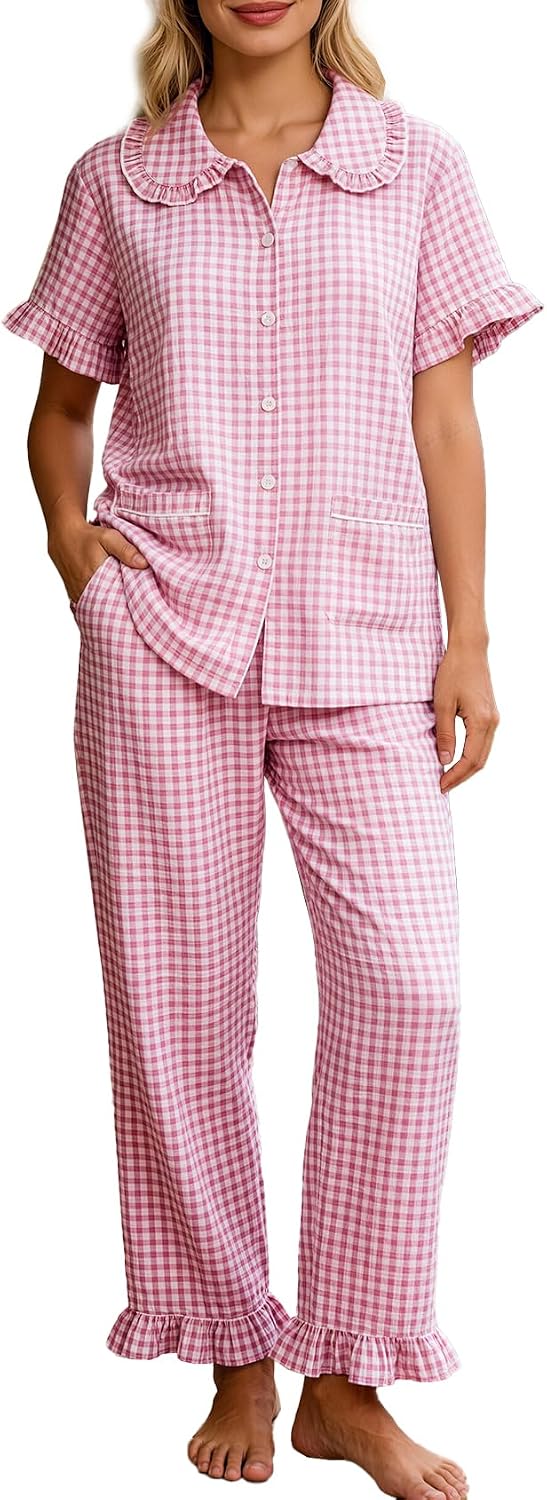 Womens Gingham Pajamas Sets Cotton 2 Piece Lounge Set Ruffle Short Sleeve Babydoll Shirt Long Pants Pjs