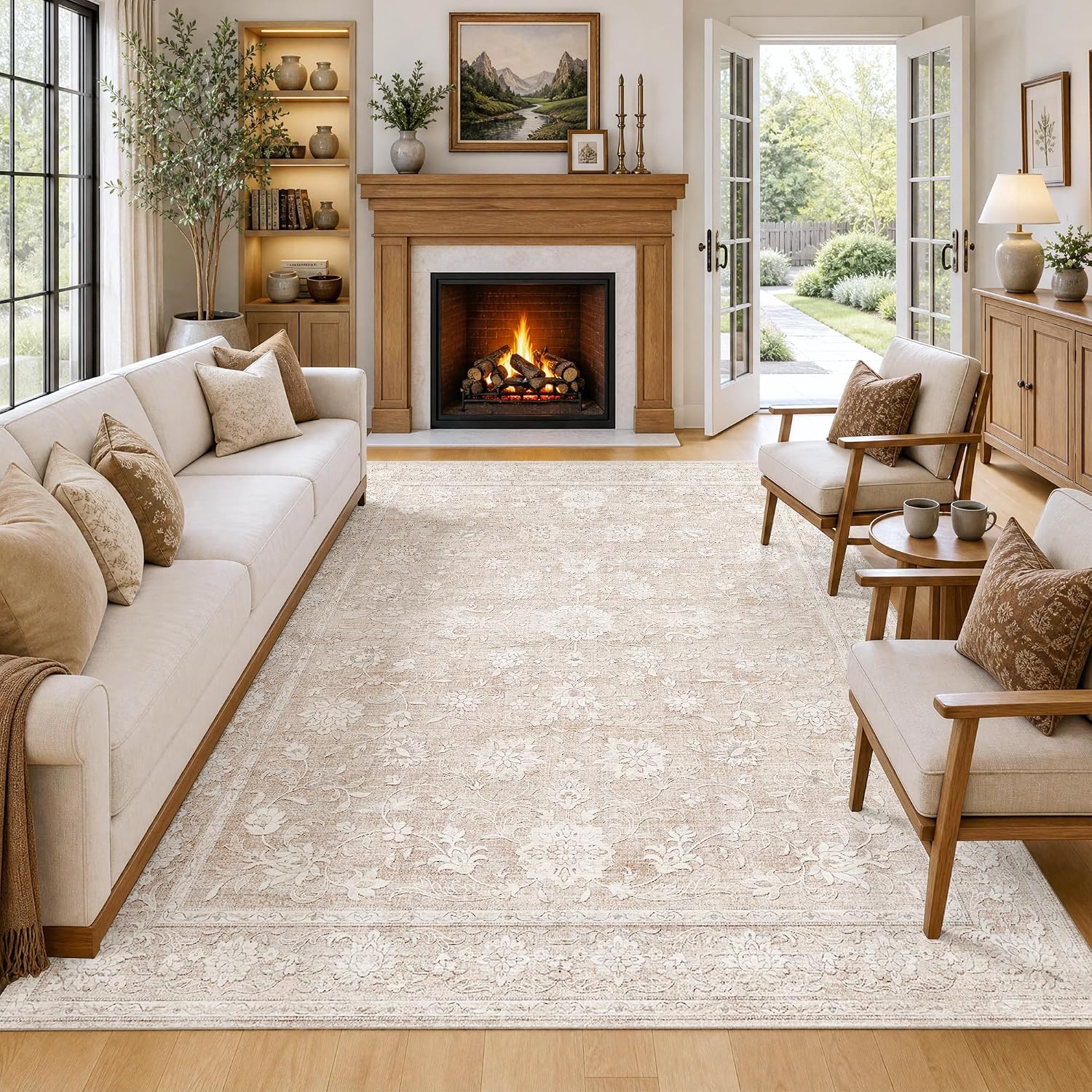 Beige Neutral Floral Area Rugs
