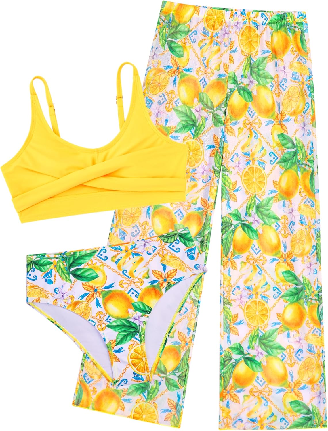 Girls Swimsuit 3 Piece Bikini Bathing Suit Criss Cross Swimwear Sets with Mesh Cover Up Pants 6-16Y