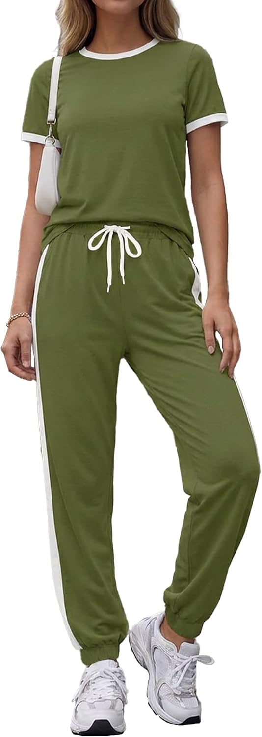 Women 2 Piece Outfits 2026 Summer Short Sleeve Top And Long Pants