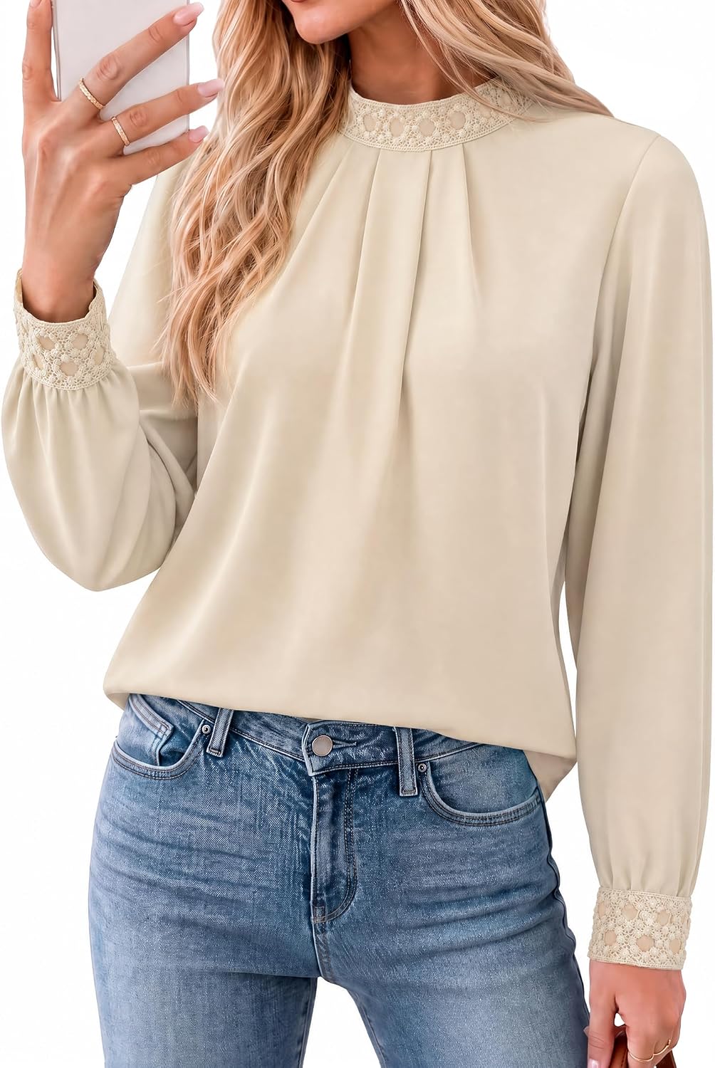 Funlingo Lace Mock Neck Blouses