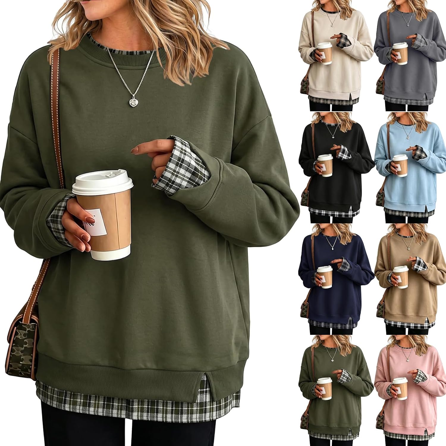 Plaid Faux Layered Sweatshirts