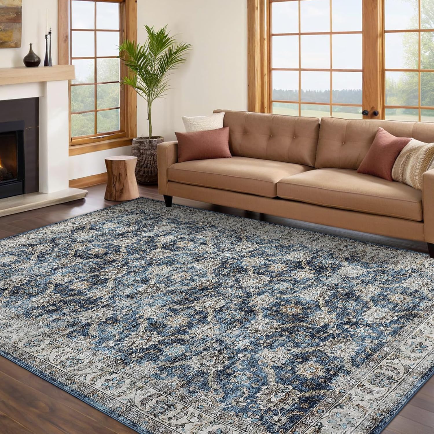 GarveeHome Vintage Rug 4x6 Floral Print Area Rug for Living Room Washable Non Slip Farmhouse Distressed Indoor Carpet Foldable Low Pile Soft Accent Throw Rug for Bedroom Home Nursery, Blue