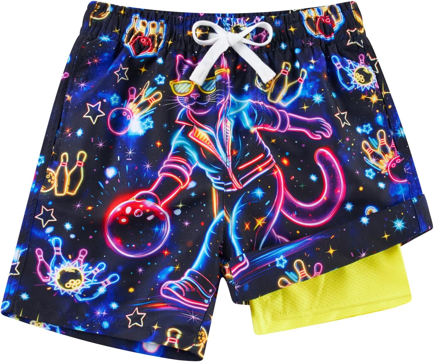 Boys Swim Trunks with Compression Liner Neon Bathing Suit Quick Dry UPF 50+ Swim Shorts 7-16T